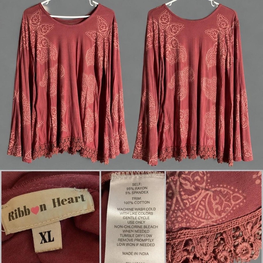 Ribbon Heart XL Dusty Rose Boho Paisley Lace Trim Long Sleeve Top